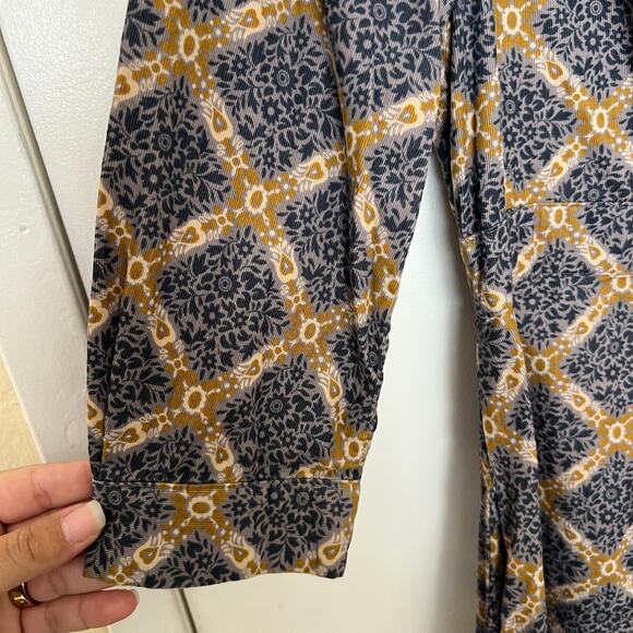 Maeve Button Front Collared Dress Gray Mustard Print Cotton Retro Boho Prairie - Picture 15 of 15